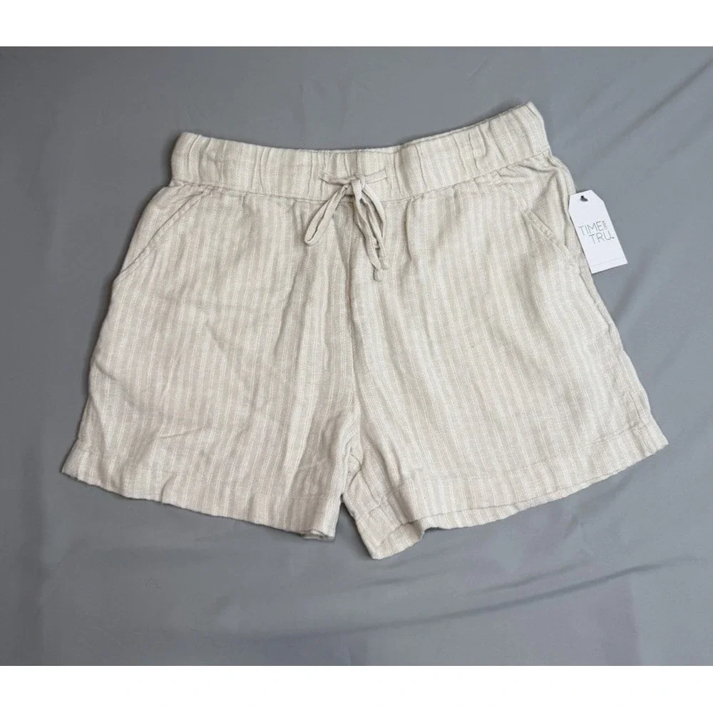 Time & Tru Women's Linen Blend Pull On Shorts Small (4-6) Beige Stripe New Beach